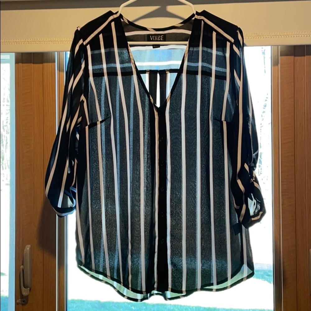 Black, white and maroon stripped blouse.